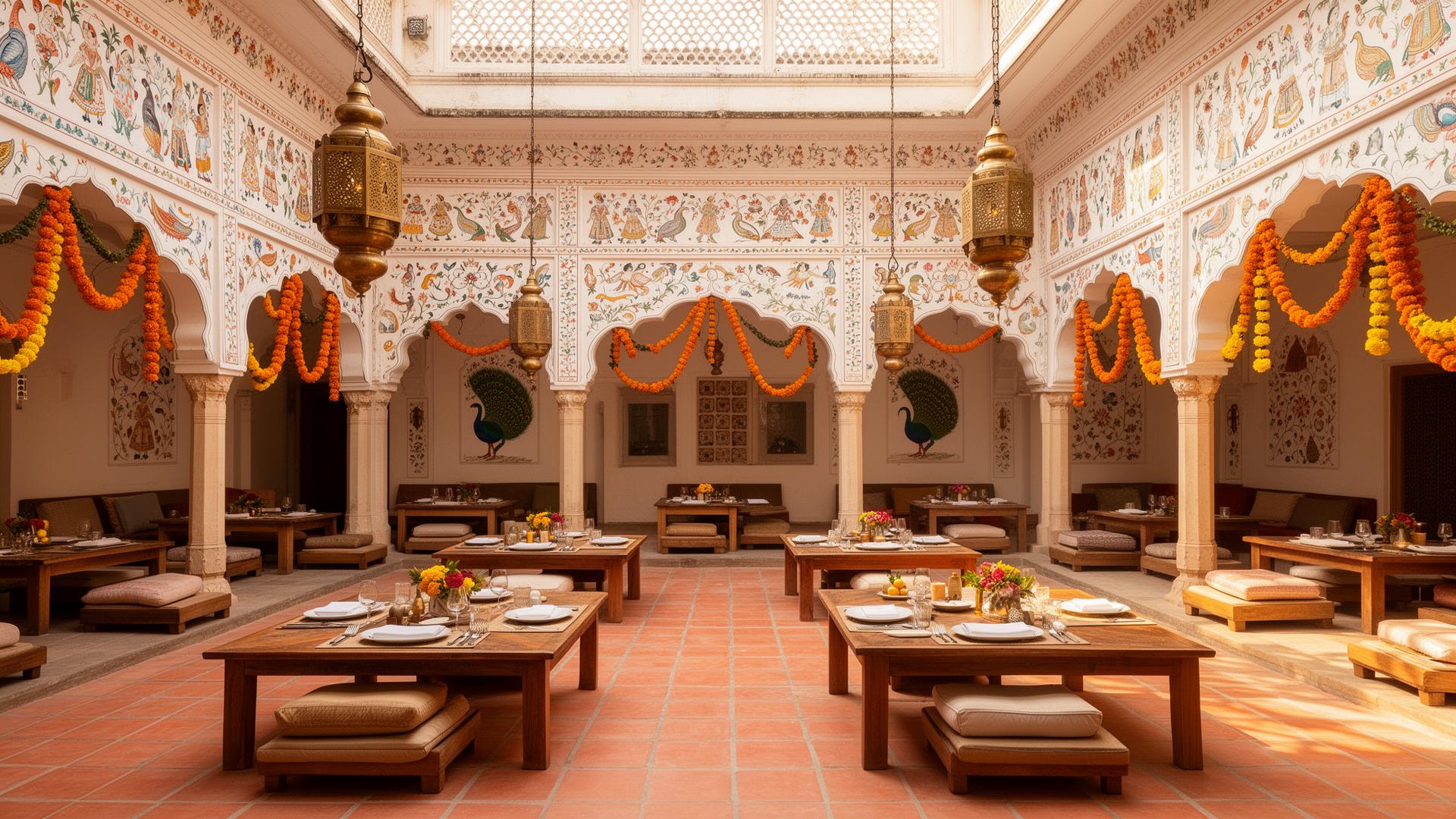 Courtyard dining hall with kohbar paintings and marigold garlands