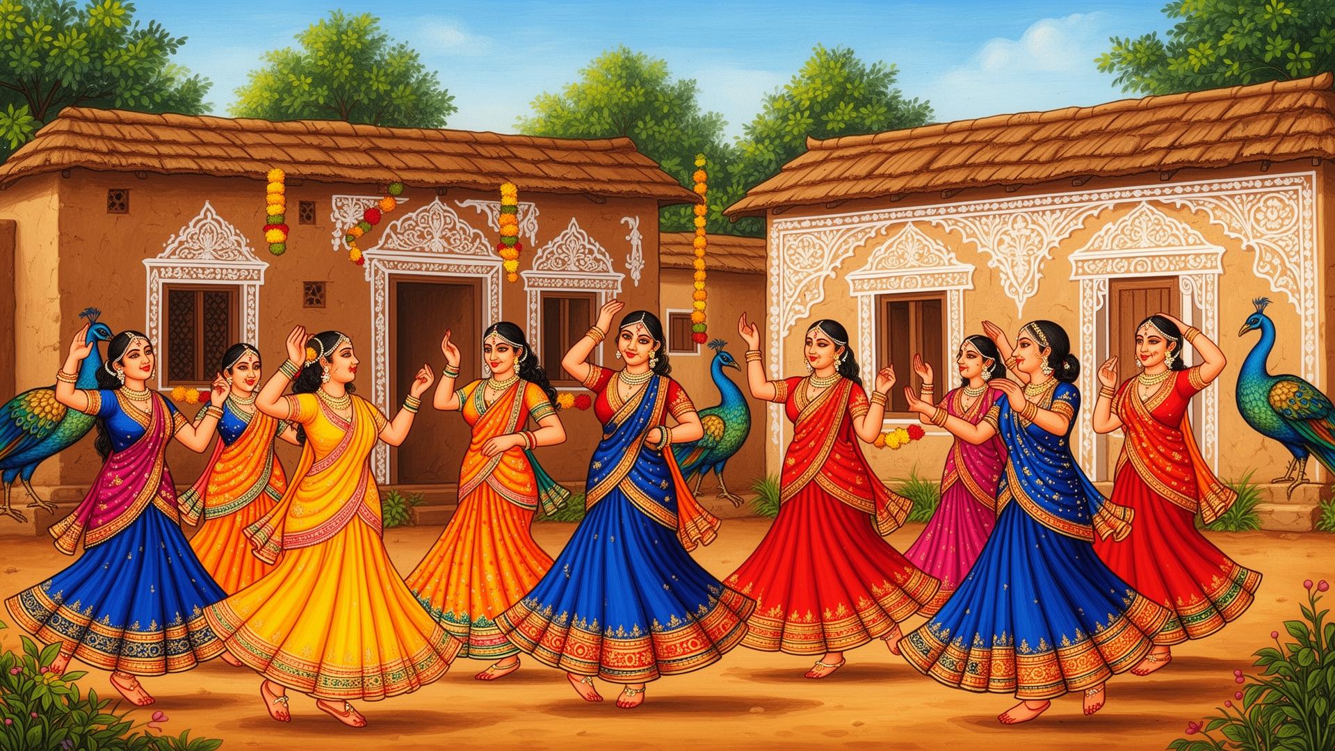 Gujarati folk garba dancers in a traditional village