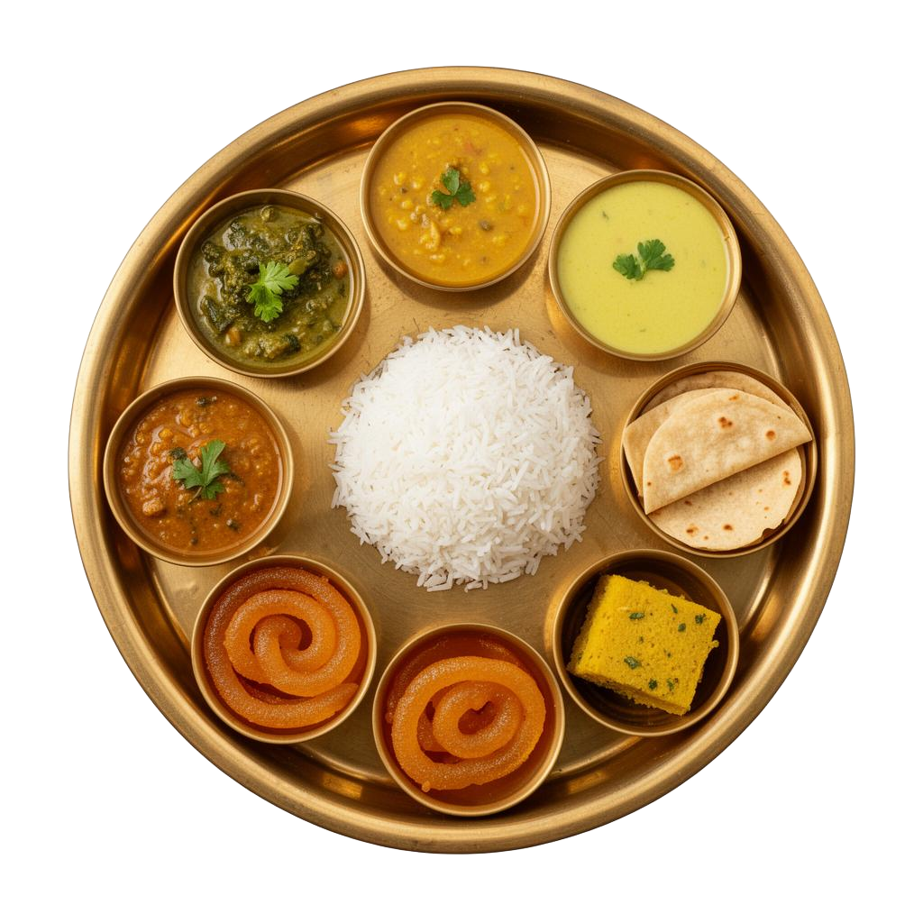 A traditional Gujarati thali with dal, kadhi, shaak, rice, rotli, dhokla and more